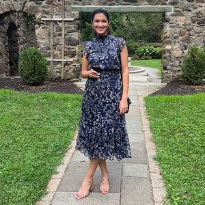 Aqua Navy Blue Floral Print Smocked Midi Dress